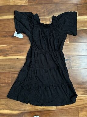 Time and Tru Black Smocked Neck Tiered Midi Dress